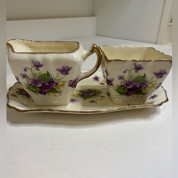 Vtg James Kent Bone China Cream, Sugar and Tray to Hold Both Purple Flowers - Picture 2 of 14